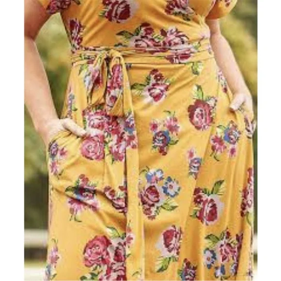 Matilda Jane Alana Jersey Knit Floral Maxi Wrap Dress Mustard Women's Small - Picture 4 of 12